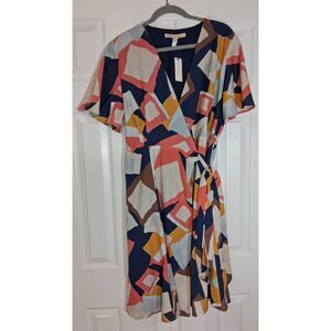 Hutch Anthropologie womens xl wrap shift dress abstract brown blue rust midi